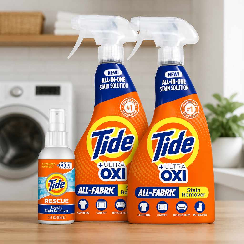 Tide Laundry Stain Remover Spray with Oxi | Stain Remover for Clothes, Carpet, Upholstery, Pet Bedding | Stain Treater Spray for Tough Stains from Wine, Coffee, Grease | 22 Fl Oz (Pack of 2) & 3 Fl Oz