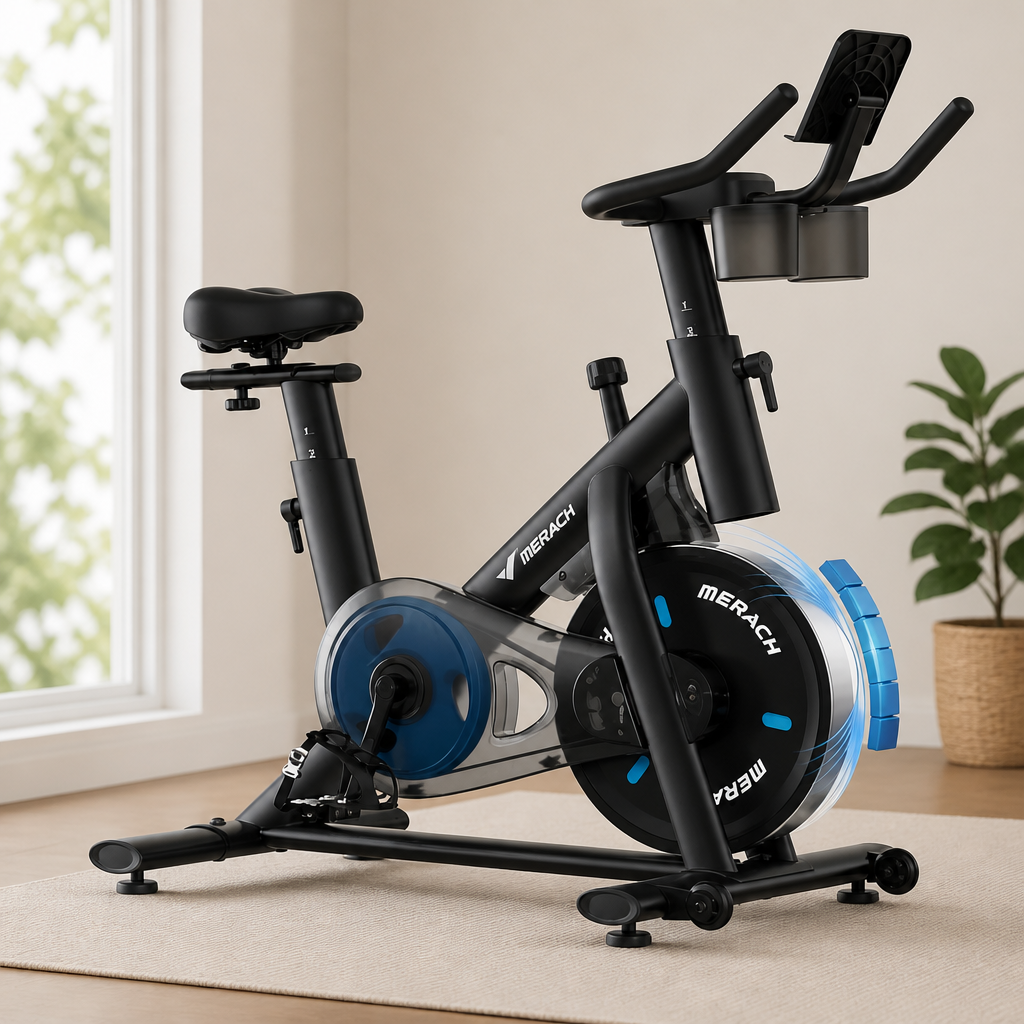MERACH Exercise Bike, Brake Pad Stationary Bike with Exclusive App, Low Noise Indoor Cycling Bike with 300lbs Weight Capacity, Tablet Mount and Fitness Courses for Weight Loss
