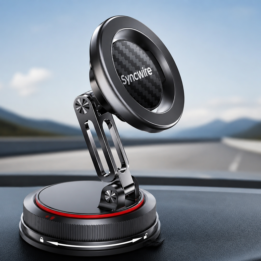 SYNCWIRE for MagSafe Car Mount [2-Axis Design] Nano Adhesive Gel + Suction Cup Magnetic Phone Holder for Dashboard & Windshield, 360° Adjustable for iPhone 17 16 15 14 13 12 11, Samsung, Carbon Fiber