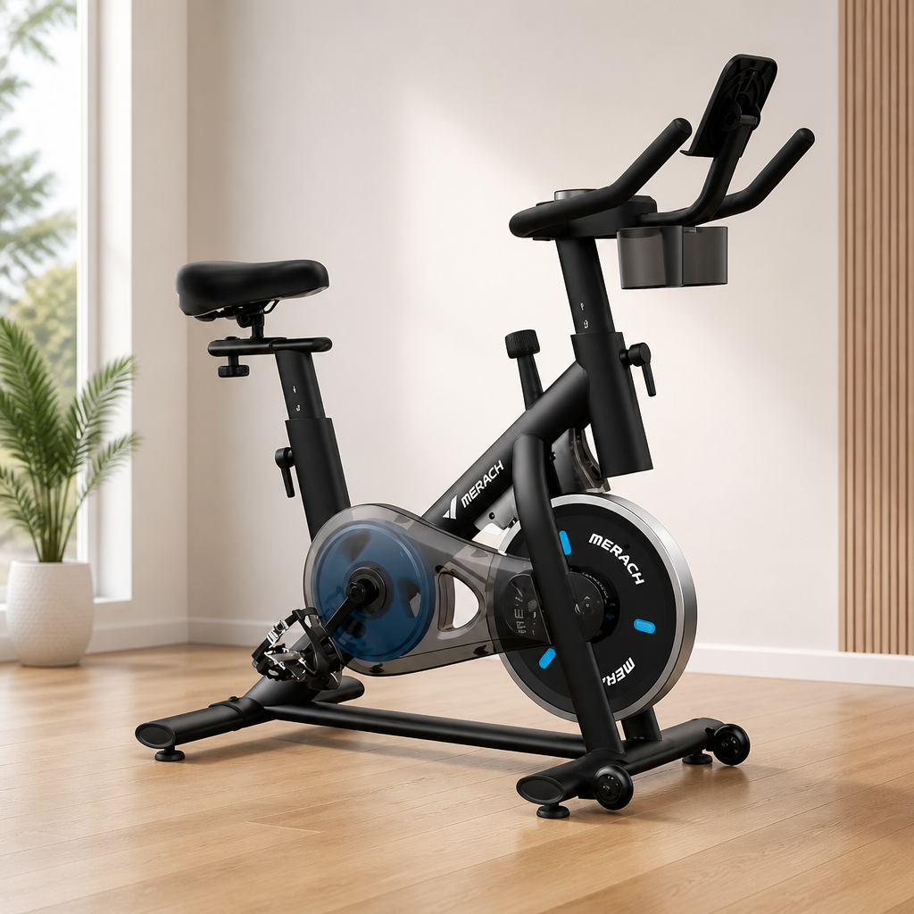 MERACH Exercise Bike, Brake Pad Stationary Bike with Exclusive App, Low Noise Indoor Cycling Bike with 300lbs Weight Capacity, Tablet Mount and Fitness Courses for Weight Loss