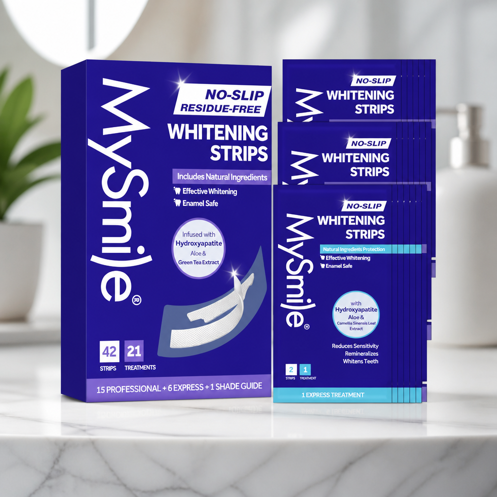 MySmile Teeth Whitening Strips, Hydroxyapatite-Infuse White Strips, Non-Sensitive Teeth Whitening with Soothing Natural Ingredients, Enamel-Safe, Residue-Free, Non-Slip, 21 Treatments Kit
